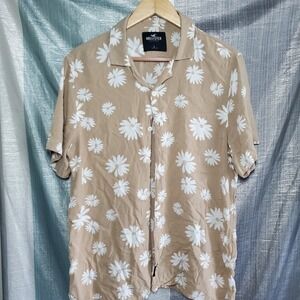 Hollister Mens Daisy Floral Camp Collar Button Down Shirt Tan White L 60s Hippie